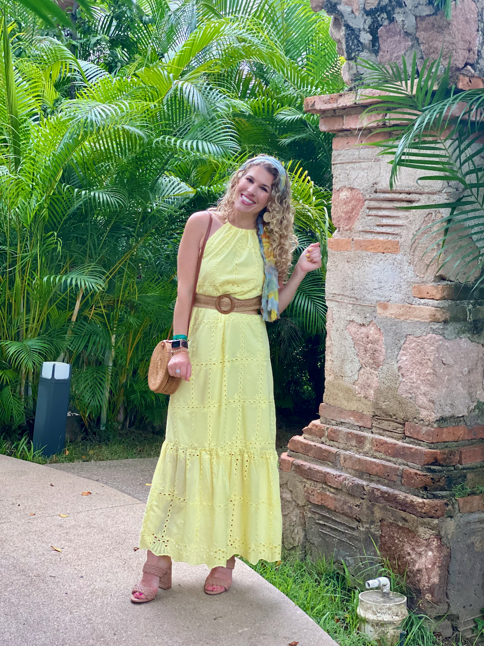 Yellow Belted Midi Dress With Green Accessories + link up - Style Splash