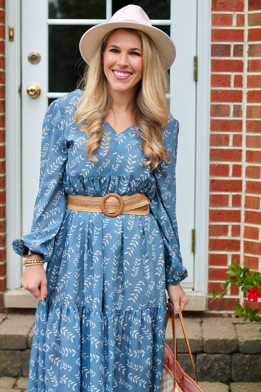 Mini Shein Maternity Review: Blue Floral Midi Dress